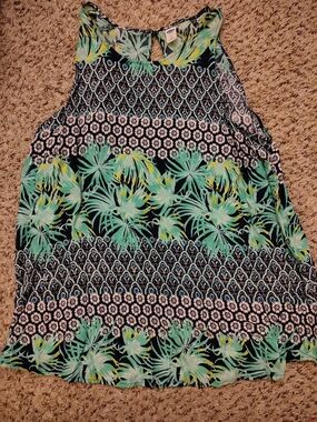 Sleeveless Tropical Print Tank Top - Green/Navy